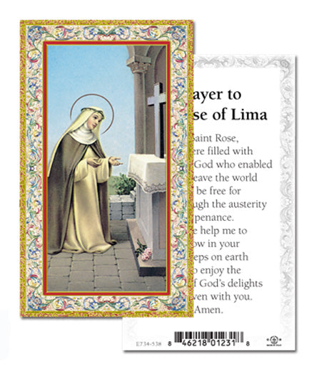 Saint Rose of Lima Gold-Stamped Catholic Prayer Holy Card with Prayer on Back, Pack of 100