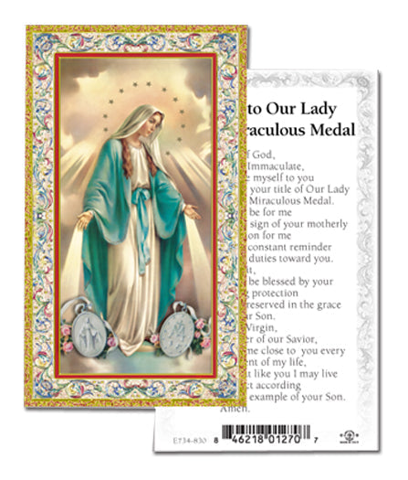Our Lady of the Miraculous Medal Gold-Stamped Catholic Prayer Holy Card with Prayer on Back, Pack of 100
