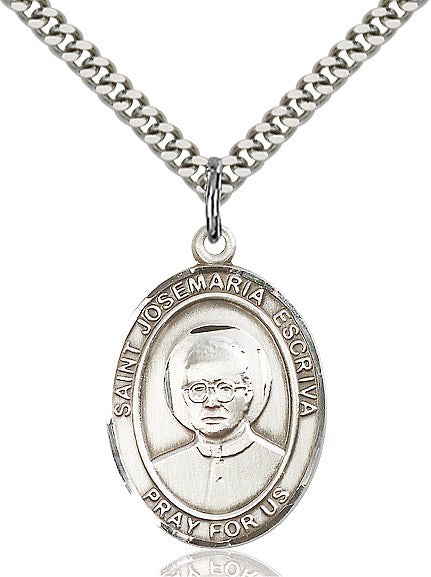 Extel Large Oval Sterling Silver St. Josemaria Escriva Pendant with 24" chain, Made in USA