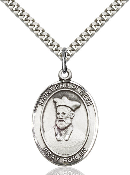 Extel Large Oval Sterling Silver St. Philip Neri Pendant with 24" chain, Made in USA
