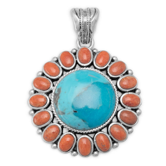 Extel Reconstituted Turquoise and Coral Sunburst Pendant