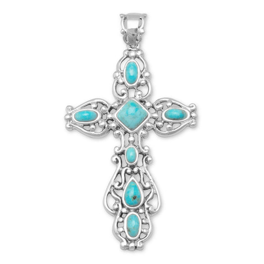 Extel Ornate Oxidized Reconstituted Turquoise Cross Pendant
