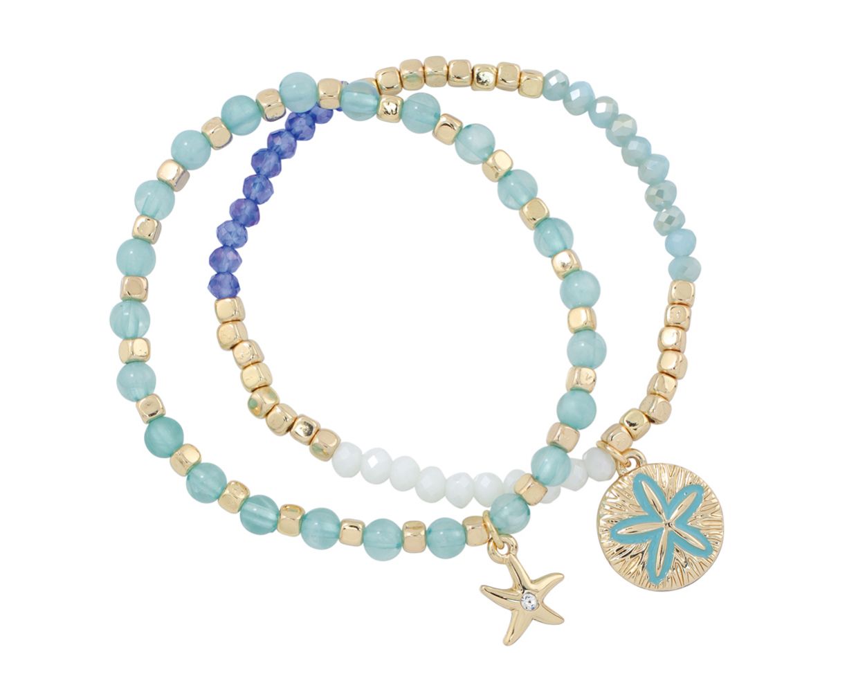Periwinkle Mint Blue Gold Beaded Bracelets With Charms