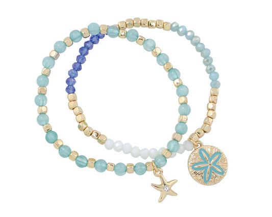 Periwinkle Mint, Blue, And Gold Beaded Bracelets With Starfish And Sand Dollar Charms Bracelet