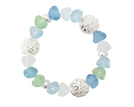 Periwinkle Green, Turquoise And Clear Sea Glass With Silver Sand Dollars Bracelet