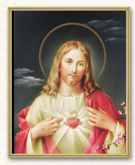 The Sacred Heart of Jesus Picture Framed Plaque Wall Art Decor Medium, Bright Gold Finished Trimmed Plaque