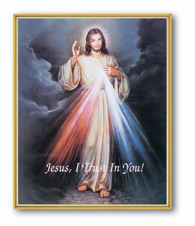 Divine Mercy Picture Framed Plaque Wall Art Decor, Medium, Bright Gold Finished Trimmed Plaque