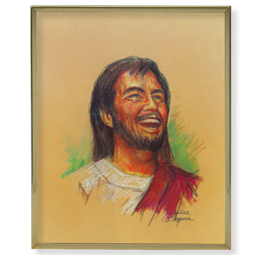 Laughing Jesus Picture Framed Plaque Wall Art Decor Medium, Bright Gold Finished Trimmed Plaque