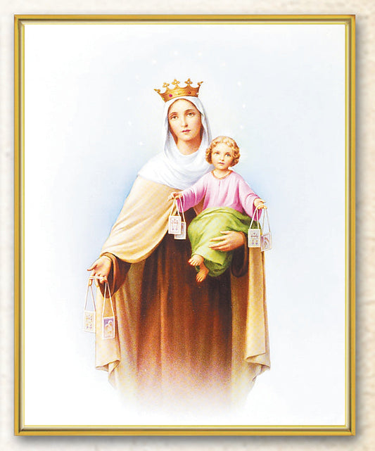 Our Lady of Mount Carmel Picture Framed Plaque Wall Art Decor Medium, Bright Gold Finished Trimmed Plaque