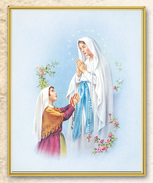 Our Lady of Lourdes Picture Framed Plaque Wall Art Decor Medium, Bright Gold Finished Trimmed Plaque