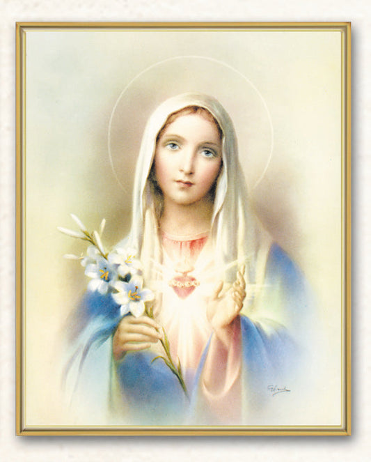 Immaculate Heart  of Mary Picture Framed Plaque Wall Art Decor Medium, Bright Gold Finished Trimmed Plaque