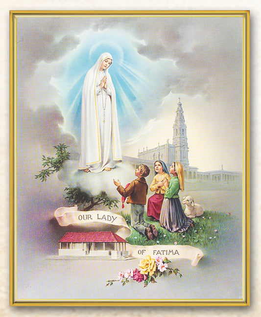 Our Lady of Fatima Picture Framed Plaque Wall Art Decor, Medium, Bright Gold Finished Trimmed Plaque
