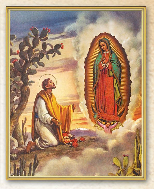 Our Lady of Guadalupe with Juan Diego Picture Framed Plaque Wall Art Decor Medium, Bright Gold Finished Trimmed Plaque
