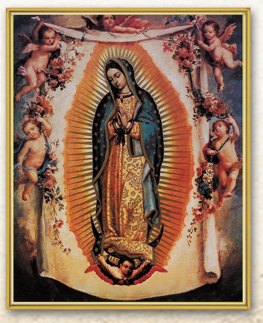 Our Lady of Guadalupe with Angels Picture Framed Plaque Wall Art Decor Medium, Bright Gold Finished Trimmed Plaque