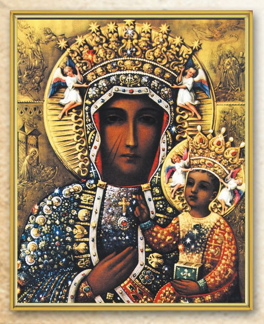Our Lady of Czestochowa Picture Framed Plaque Wall Art Decor Medium, Bright Gold Finished Trimmed Plaque