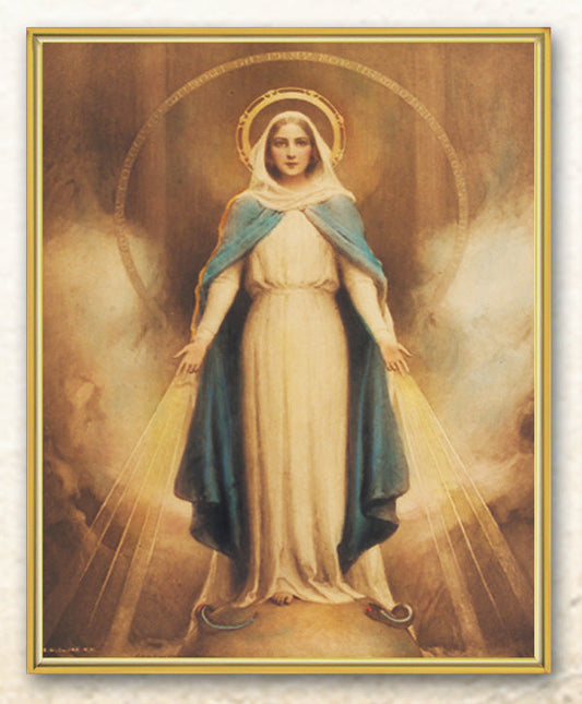Miraculous Mary Picture Framed Plaque Wall Art Decor Medium, Bright Gold Finished Trimmed Plaque