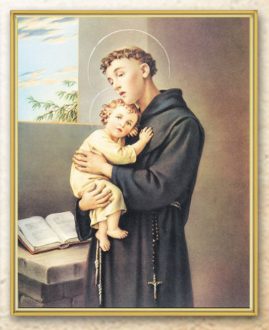 St. Anthony Picture Framed Plaque Wall Art Decor Medium, Bright Gold Finished Trimmed Plaque