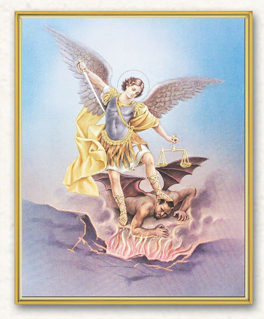 St. Michael Picture Framed Plaque Wall Art Decor, Medium, Bright Gold Finished Trimmed Plaque