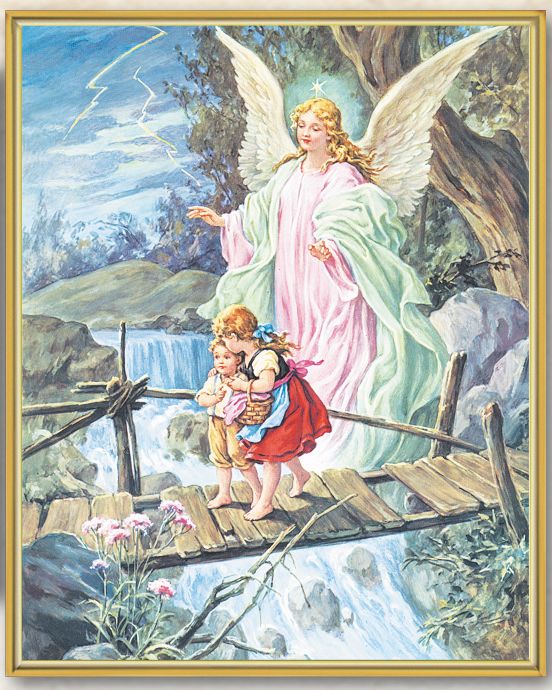 Guardian Angel Crossing the Bridge Picture Framed Plaque Wall Art Decor Medium Bright Gold Trimmed