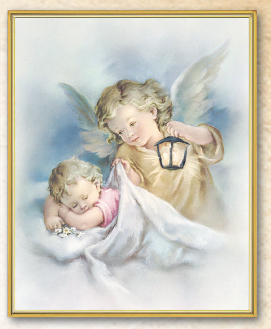 Guardian Angel with Lantern Picture Framed Plaque Wall Art Decor Medium, Bright Gold Finished Trimmed Plaque