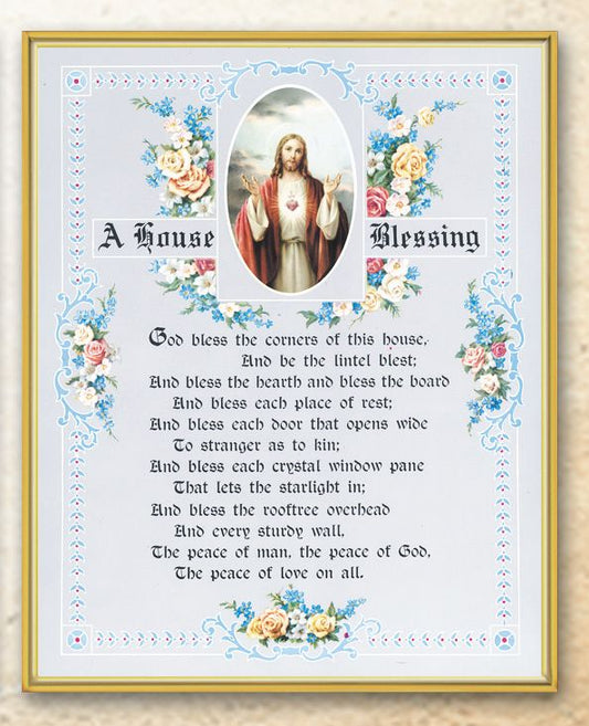 House Blessing - Sacred Heart of Jesus Picture Framed Plaque Wall Art Decor Medium, Bright Gold Finished Trimmed Plaque