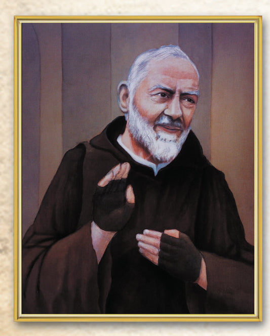 St. Pio Picture Framed Plaque Wall Art Decor Medium, Bright Gold Finished Trimmed Plaque