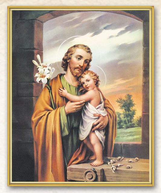 St. Joseph Picture Framed Plaque Wall Art Decor, Medium, Bright Gold Finished Trimmed Plaque