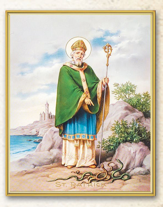 St. Patrick Picture Framed Plaque Wall Art Decor Medium, Bright Gold Finished Trimmed Plaque