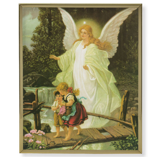 Guardian Angel Picture Framed Plaque Wall Art Decor, Medium, Bright Gold Finished Trimmed Plaque