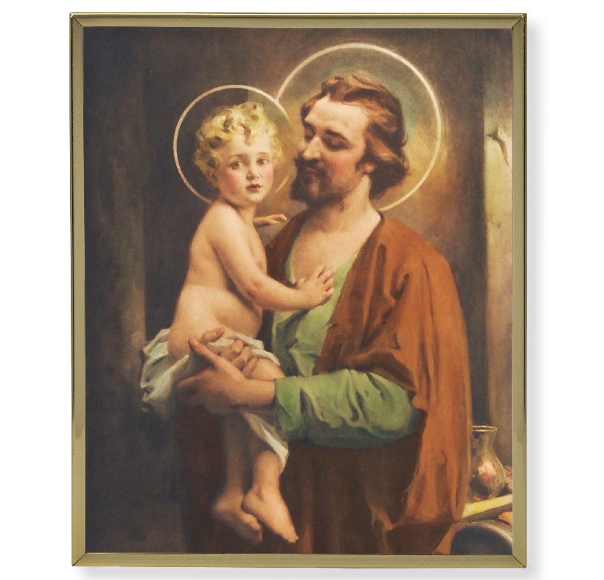 St. Joseph with Jesus Picture Framed Plaque Wall Art Decor Medium, Bright Gold Finished Trimmed Plaque