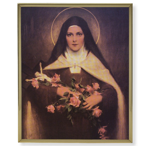 St. Therese Picture Framed Plaque Wall Art Decor, Medium, Bright Gold Finished Trimmed Plaque