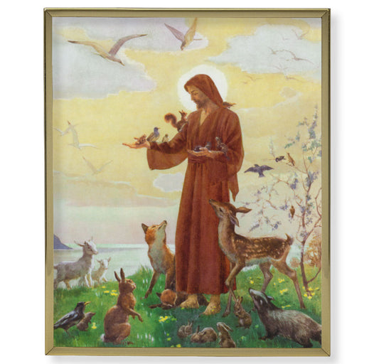St. Francis Picture Framed Plaque Wall Art Decor, Medium, Bright Gold Finished Trimmed Plaque