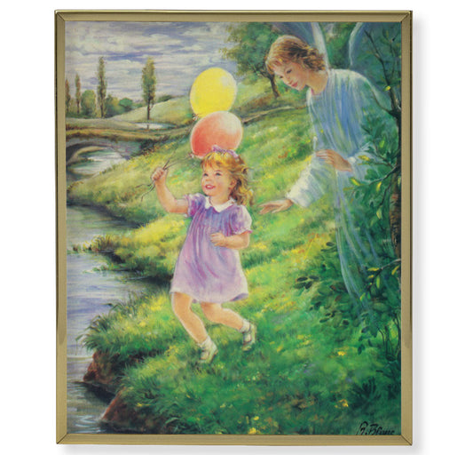 Guardian Angel wit Girl Picture Framed Plaque Wall Art Decor Medium, Bright Gold Finished Trimmed Plaque