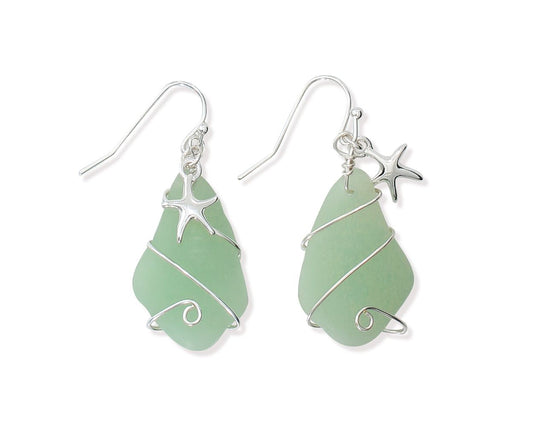Periwinkle Aqua Sea Glass With Starfish Earrings Set