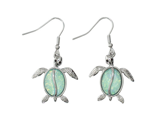 Periwinkle Silver Turtle With Aqua Inlay Earrings