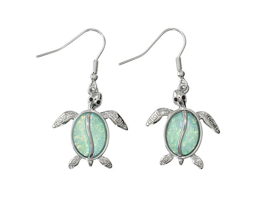 Periwinkle Silver Turtle With Aqua Inlay Earrings Design