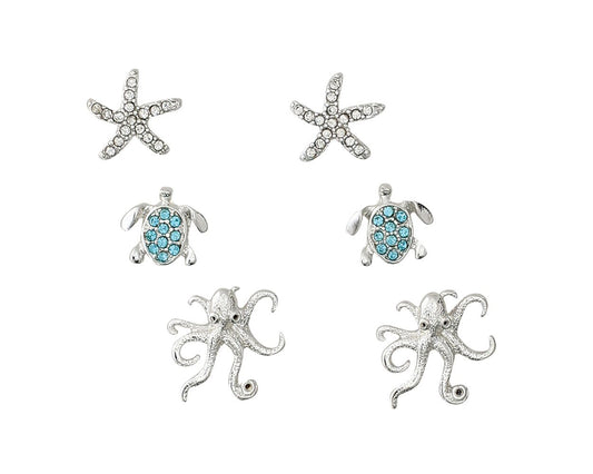 Periwinkle Silver Octopuses Aqua Turtles Earrings for Women
