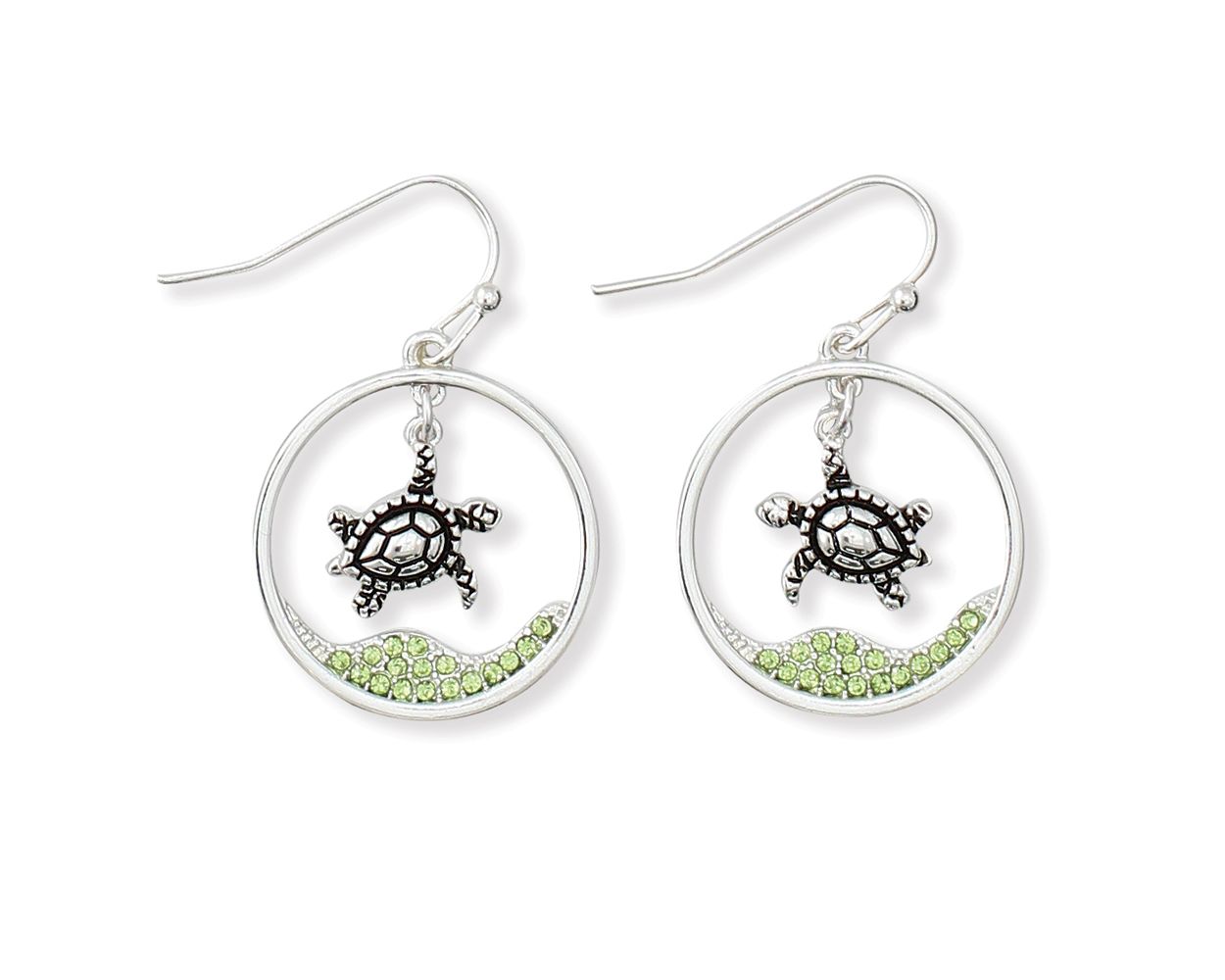 Periwinkle Swimming Turtles Green Crystals Earrings