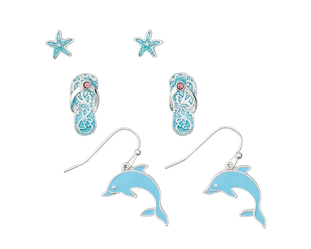 Periwinkle Aqua Blue Enamel With Dolphins Earrings Set