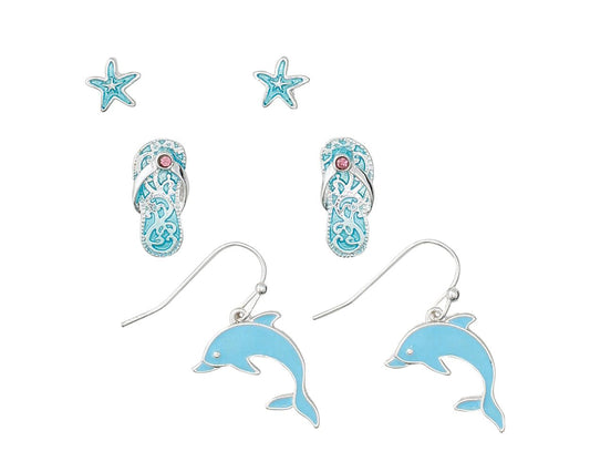 Periwinkle Aqua Blue Enamel With Dolphins Earrings