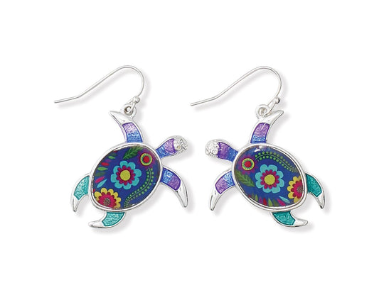 Periwinkle Turtles With Whimsical Flower Detail Shell Earrings