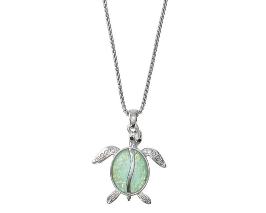 Periwinkle 16' Stunning Silver Detailed Turtle With Luminous Aqua Shell Necklace