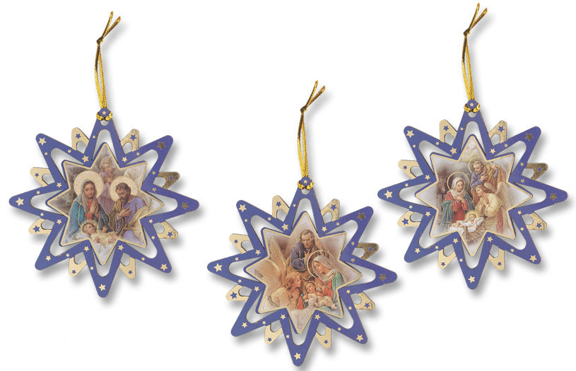 Nativity Blue Star Christmas Ornament Assortment, Set of 3