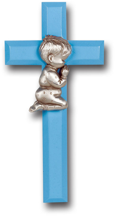 Medium Catholic Blue Wood Cross with Praying Boy 7 Inch