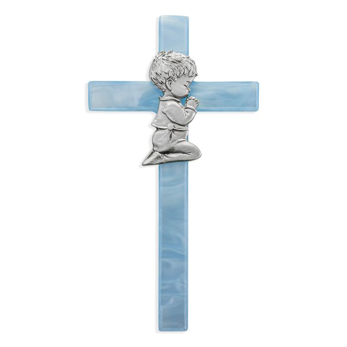 Blue Pearlized Cross with Genuine Pewter Praying Boy Figure