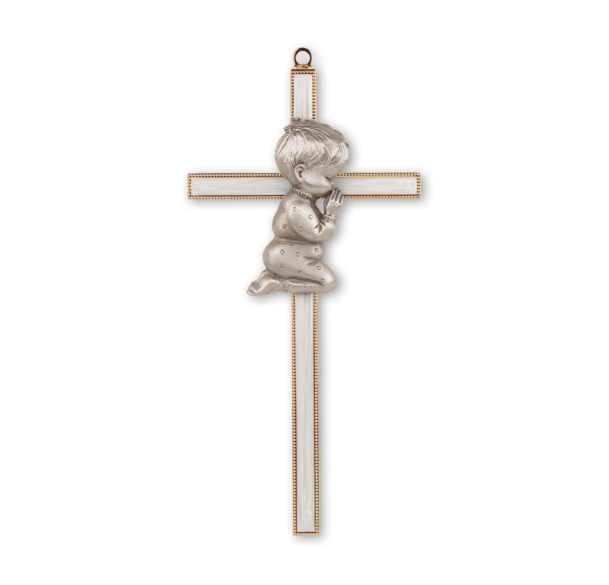 Medium Catholic Gold Plated Pearlized Cross with Praying Boy