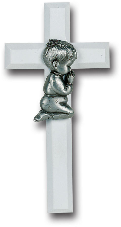 Medium Catholic White Wood Cross with Praying Boy 7 Inches