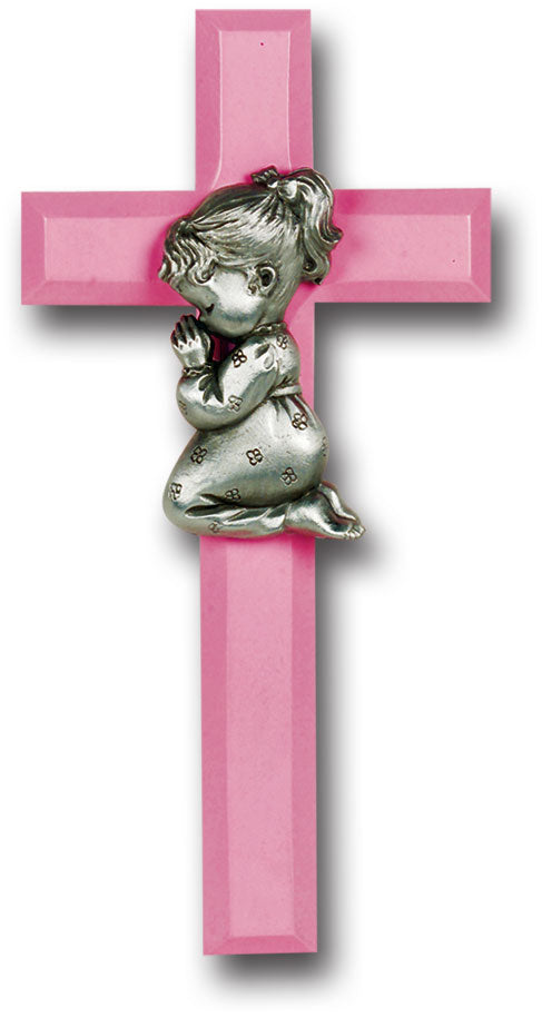 Medium Catholic Pink Wood Cross with Praying Girl 7 Inch