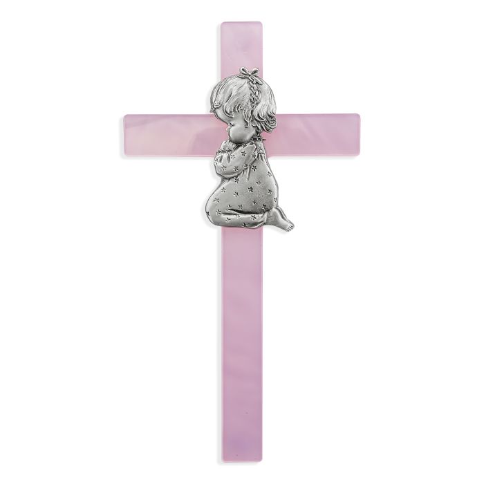 Pink 7 Inch Pearlized Cross with Pewter Praying Girl Figure