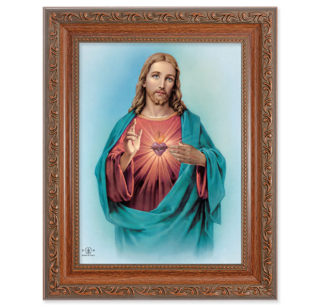 Sacred Heart of Jesus Picture Framed Wall Art Decor, Medium, Antiqued Dark Mahogany Finished Frame with Acanthus-Leaf Detail